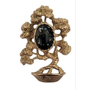 Amway Gold Tone Lucite Cabochon Bonsai Tree Brooch, Signed